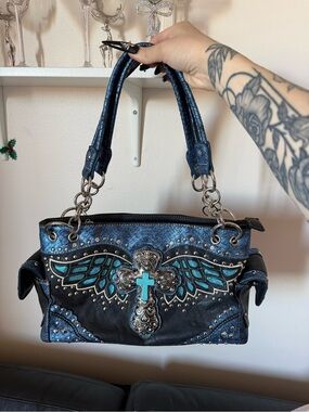Blue and Black Winged Cross Shoulder Bag